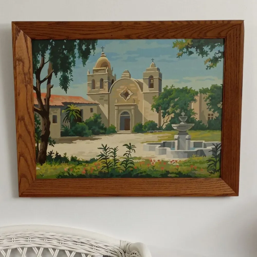 Large 27.5x21.5 Vintage Carmel Mission Basilica Painting in Wood Frame